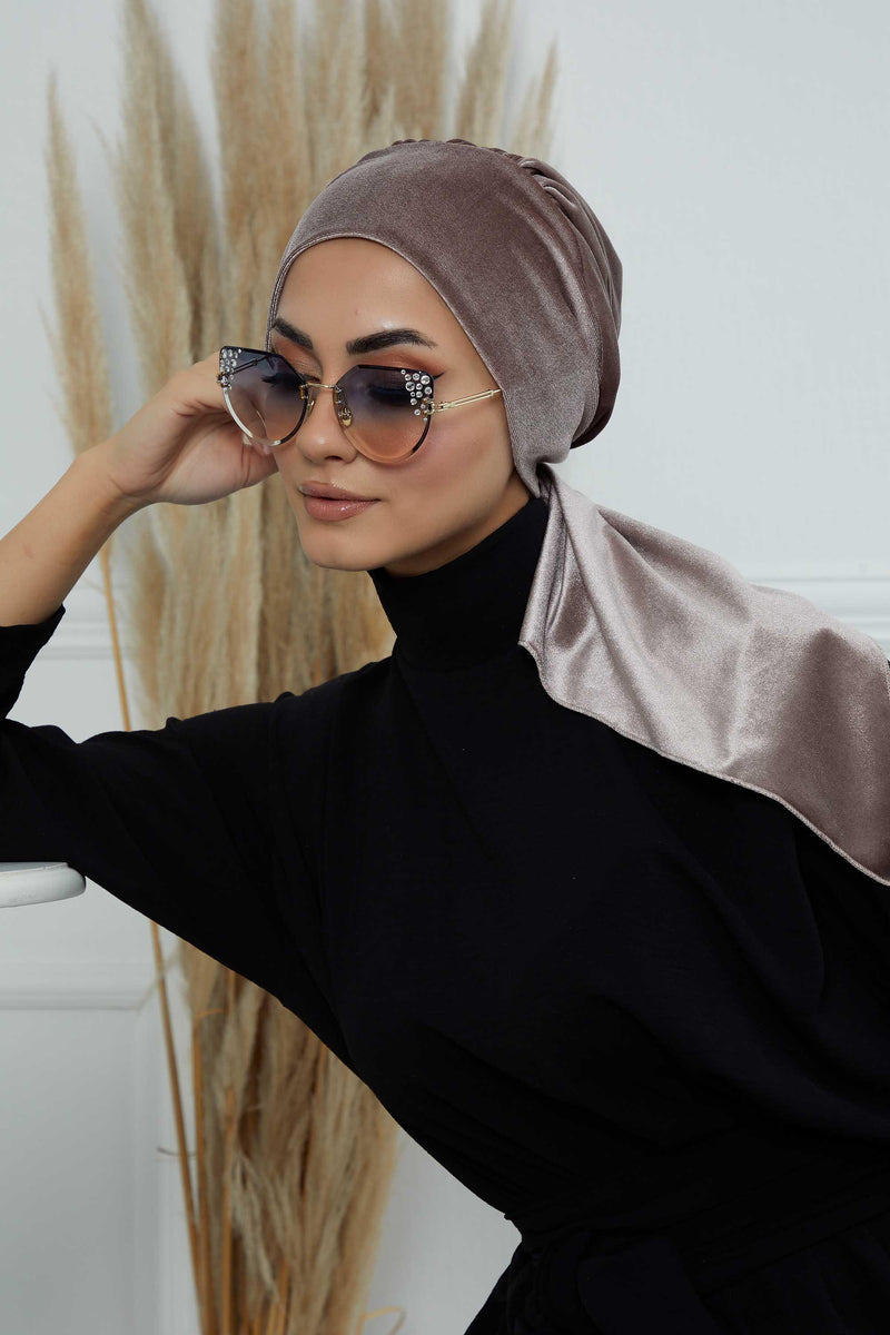 Velvet Easy Wrap Instant Turban for Women, Pre-Tied Turban with Long Tail at the Back Side, Super Soft High Quality Chemo Headwear,B-49K Mink
