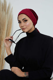 Velvet Easy Wrap Instant Turban for Women, Pre-Tied Turban with Long Tail at the Back Side, Super Soft High Quality Chemo Headwear,B-49K Maroon