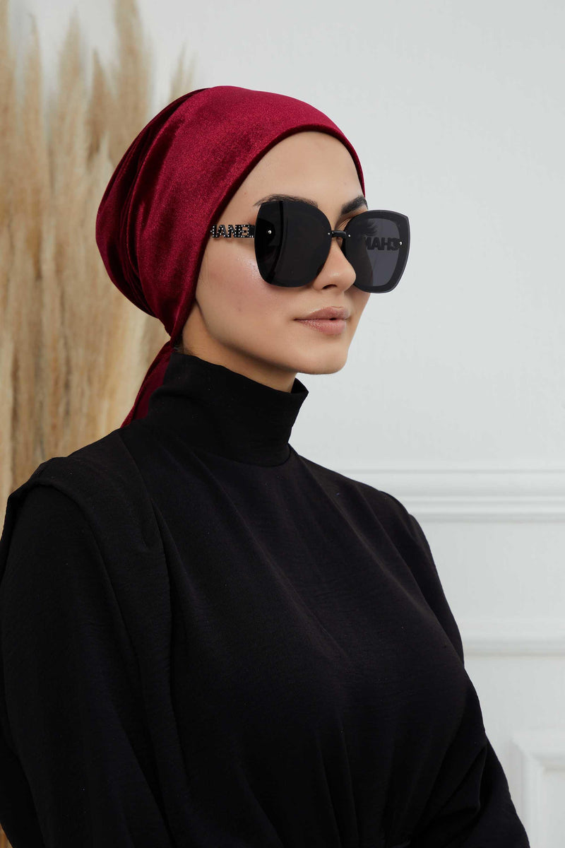 Velvet Easy Wrap Instant Turban for Women, Pre-Tied Turban with Long Tail at the Back Side, Super Soft High Quality Chemo Headwear,B-49K Maroon