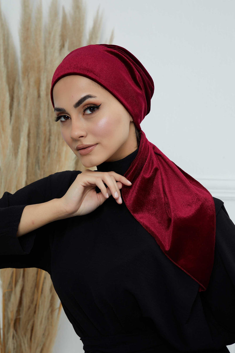 Velvet Easy Wrap Instant Turban for Women, Pre-Tied Turban with Long Tail at the Back Side, Super Soft High Quality Chemo Headwear,B-49K Maroon