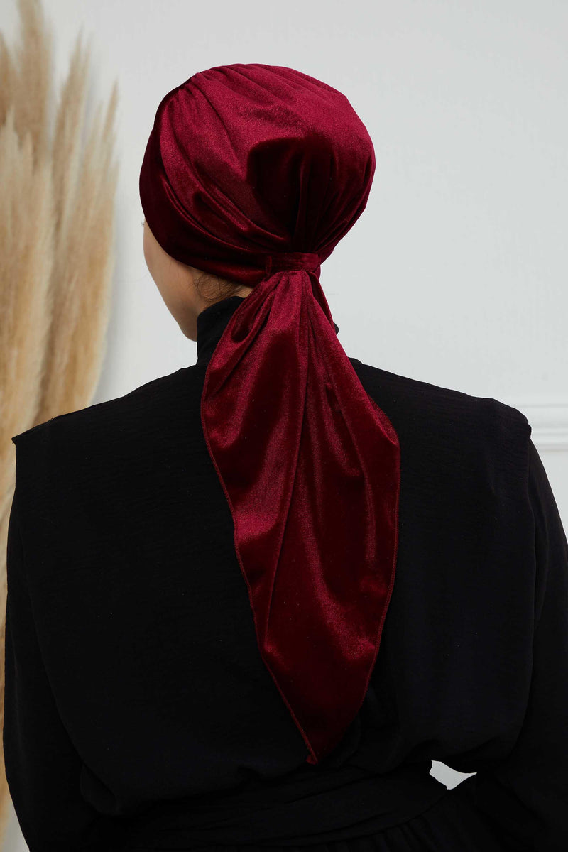 Velvet Easy Wrap Instant Turban for Women, Pre-Tied Turban with Long Tail at the Back Side, Super Soft High Quality Chemo Headwear,B-49K Maroon