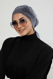 Velvet Easy Wrap Instant Turban for Women, Pre-Tied Turban with Long Tail at the Back Side, Super Soft High Quality Chemo Headwear,B-49K Grey