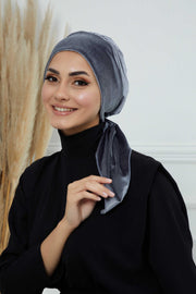 Velvet Easy Wrap Instant Turban for Women, Pre-Tied Turban with Long Tail at the Back Side, Super Soft High Quality Chemo Headwear,B-49K Grey