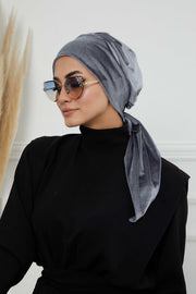 Velvet Easy Wrap Instant Turban for Women, Pre-Tied Turban with Long Tail at the Back Side, Super Soft High Quality Chemo Headwear,B-49K Grey