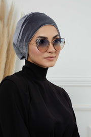 Velvet Easy Wrap Instant Turban for Women, Pre-Tied Turban with Long Tail at the Back Side, Super Soft High Quality Chemo Headwear,B-49K Grey