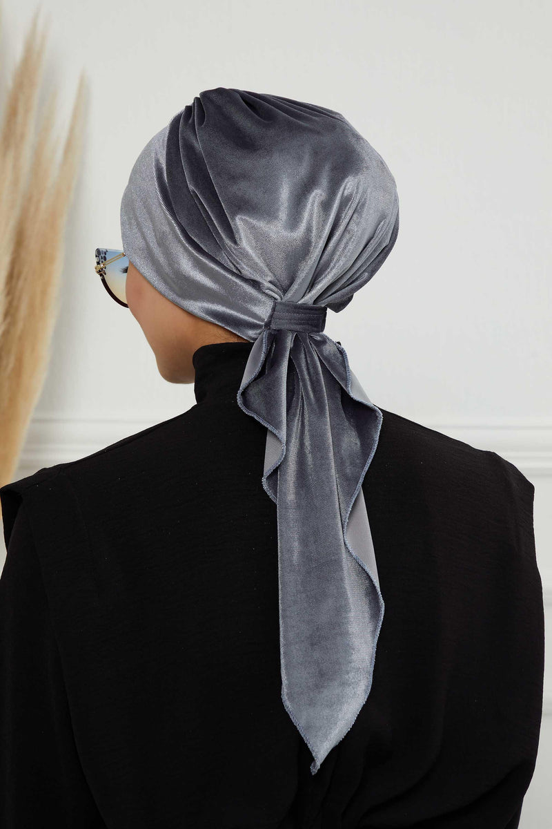 Velvet Easy Wrap Instant Turban for Women, Pre-Tied Turban with Long Tail at the Back Side, Super Soft High Quality Chemo Headwear,B-49K Grey