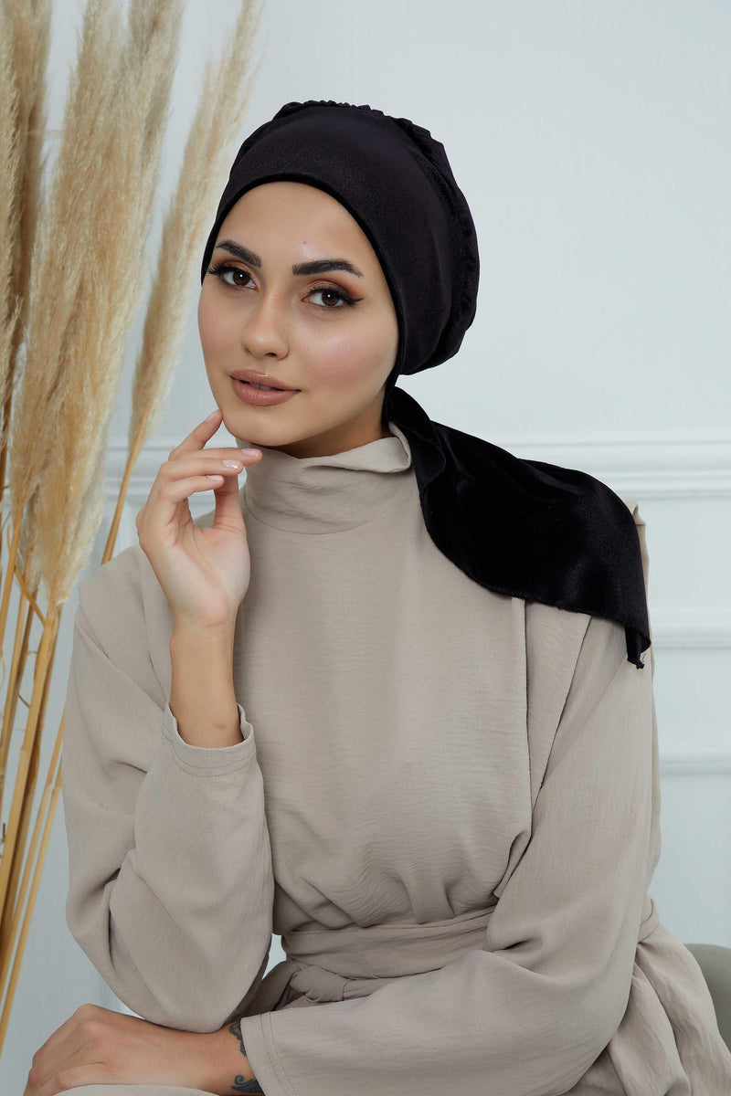 Velvet Easy Wrap Instant Turban for Women, Pre-Tied Turban with Long Tail at the Back Side, Super Soft High Quality Chemo Headwear,B-49K Black