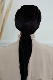 Velvet Easy Wrap Instant Turban for Women, Pre-Tied Turban with Long Tail at the Back Side, Super Soft High Quality Chemo Headwear,B-49K Black