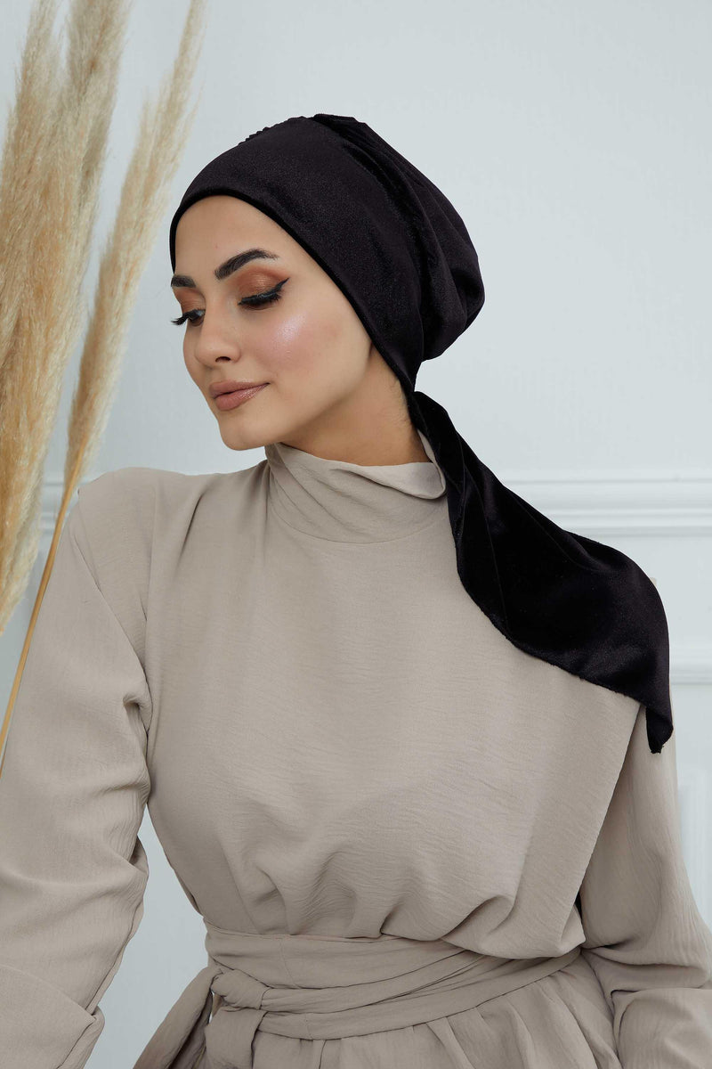 Velvet Easy Wrap Instant Turban for Women, Pre-Tied Turban with Long Tail at the Back Side, Super Soft High Quality Chemo Headwear,B-49K Black