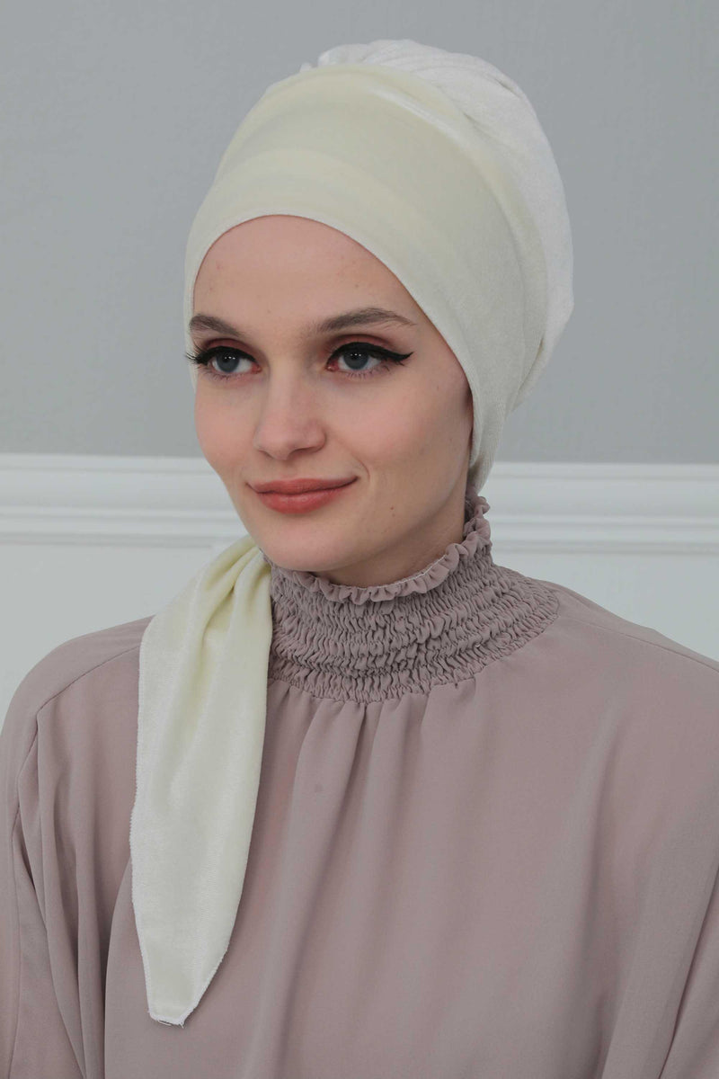 Velvet Easy Wrap Instant Turban for Women, Pre-Tied Turban with Long Tail at the Back Side, Super Soft High Quality Chemo Headwear,B-49K Ivory