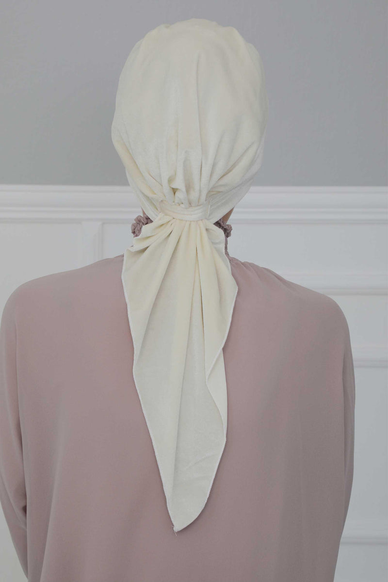 Velvet Easy Wrap Instant Turban for Women, Pre-Tied Turban with Long Tail at the Back Side, Super Soft High Quality Chemo Headwear,B-49K Ivory