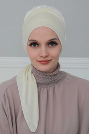 Velvet Easy Wrap Instant Turban for Women, Pre-Tied Turban with Long Tail at the Back Side, Super Soft High Quality Chemo Headwear,B-49K Ivory