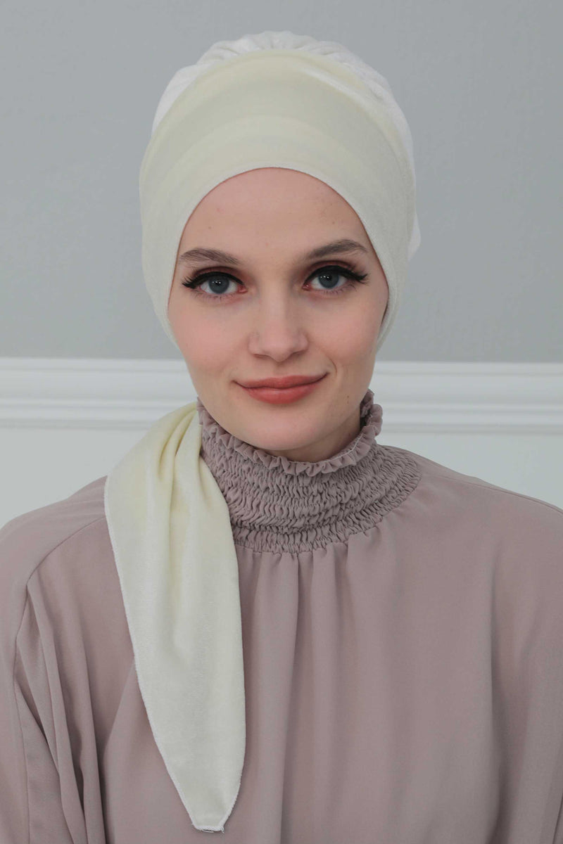 Velvet Easy Wrap Instant Turban for Women, Pre-Tied Turban with Long Tail at the Back Side, Super Soft High Quality Chemo Headwear,B-49K Ivory