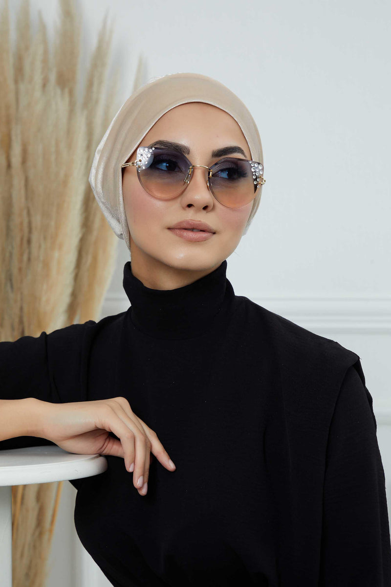 Velvet Easy Wrap Instant Turban for Women, Pre-Tied Turban with Long Tail at the Back Side, Super Soft High Quality Chemo Headwear,B-49K Beige