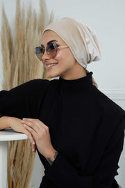 Velvet Easy Wrap Instant Turban for Women, Pre-Tied Turban with Long Tail at the Back Side, Super Soft High Quality Chemo Headwear,B-49K Beige