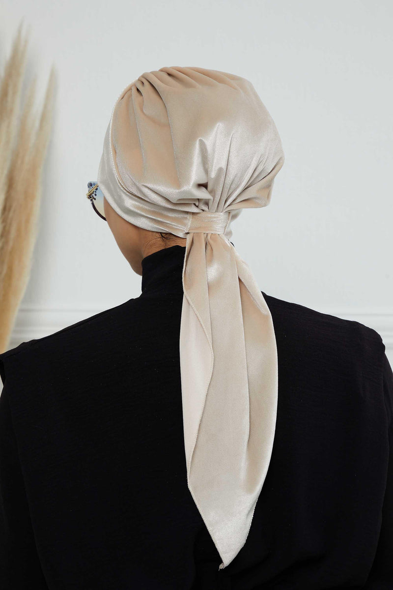 Velvet Easy Wrap Instant Turban for Women, Pre-Tied Turban with Long Tail at the Back Side, Super Soft High Quality Chemo Headwear,B-49K Beige