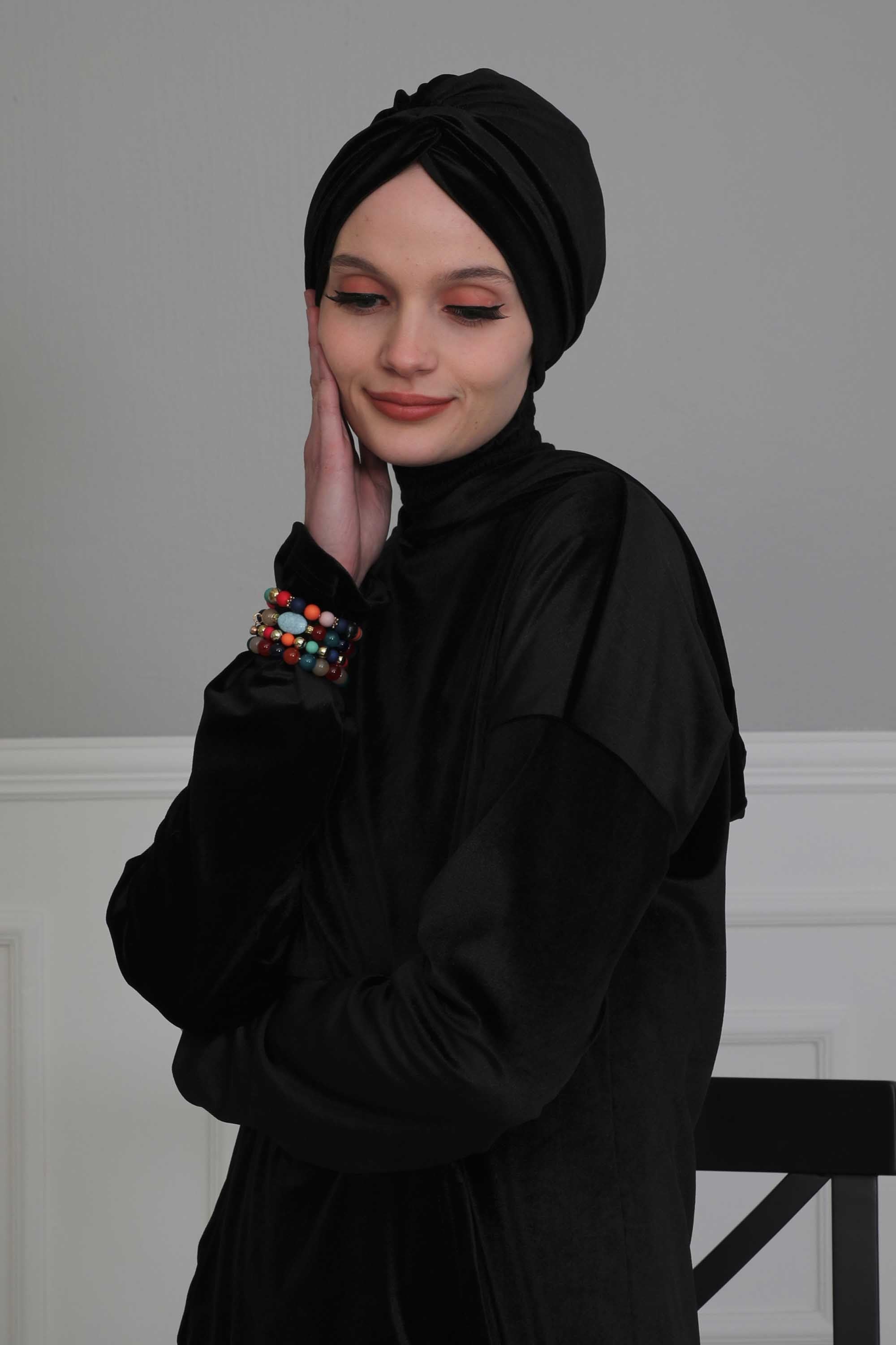 Samt-Turban-Hijab im Maharadscha-Stil für Frauen, elegantes vorgebundenes Samt-Kopftuch, luxuriöse, leichte, bescheidene Hijab-Kopfbedeckung,B-4K