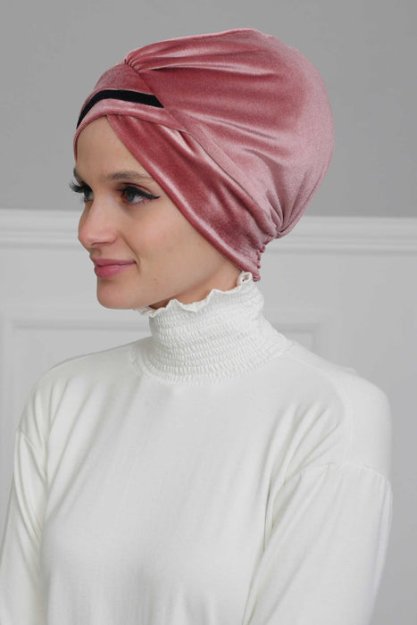 حجاب عمامة مخملي فوري بلونين للنساء، غطاء رأس فائق النعومة وأنيق، سهل الارتداء غطاء رأس كيميائي مخملي للنساء، B-23K