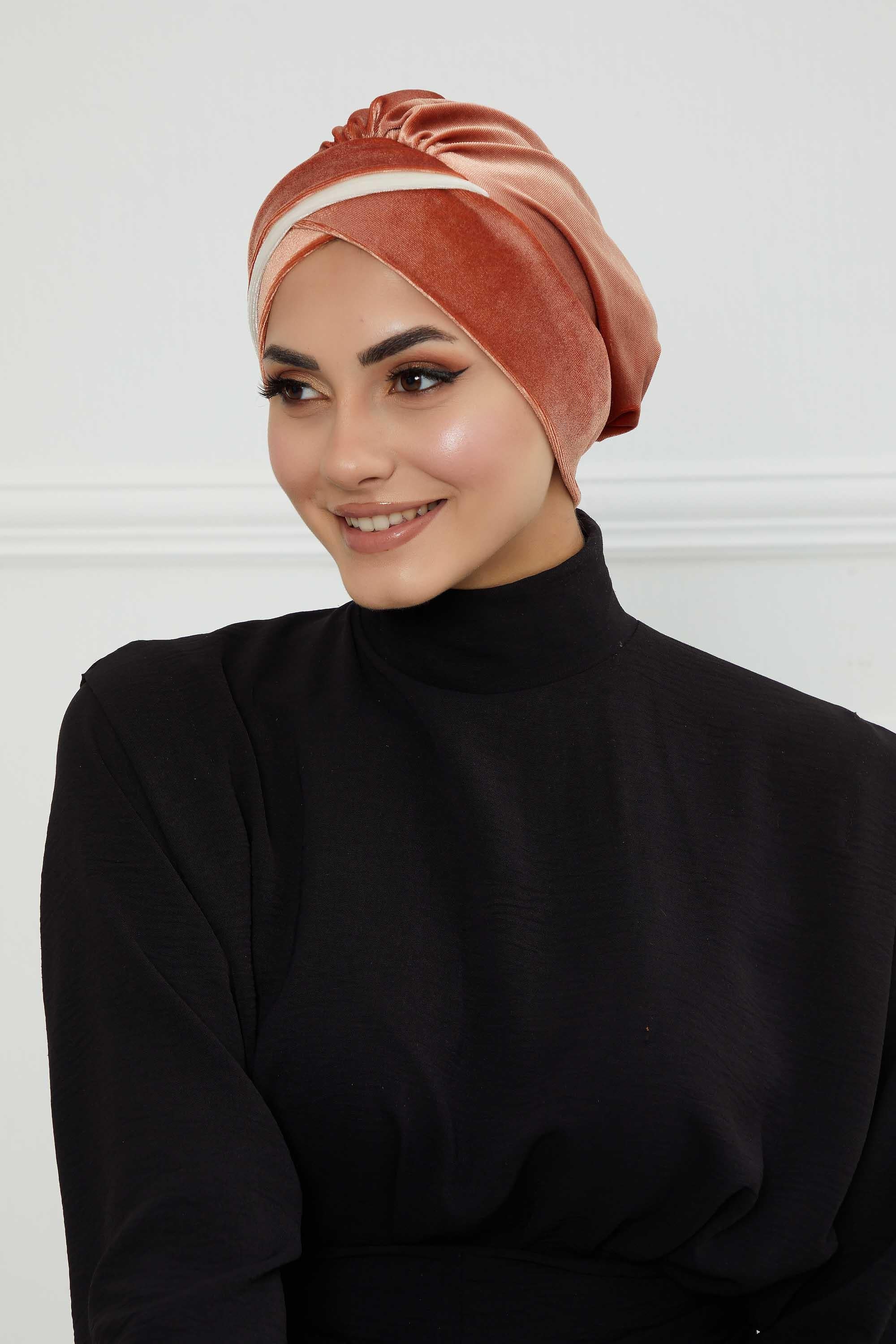 Velvet Two Colors Instant Turban Hijab for Women, Super Soft and Stylish Head Cover, Easy to Wear Velvet Chemo Headwear for Women,B-23K Salmon-Ivory