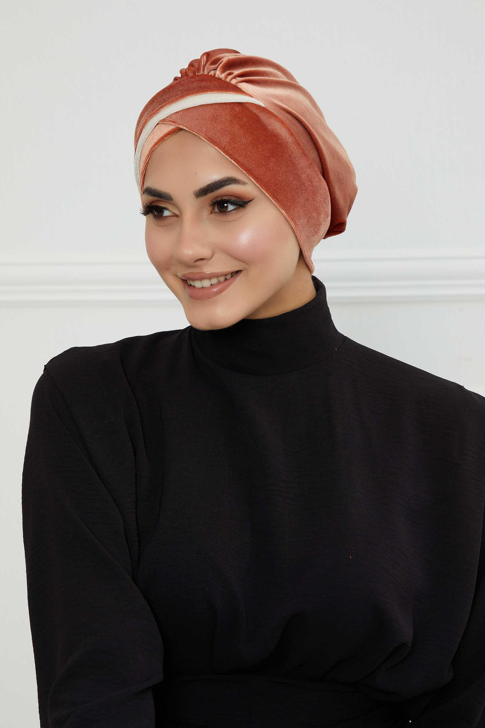 Velvet Two Colors Instant Turban Hijab for Women, Super Soft and Stylish Head Cover, Easy to Wear Velvet Chemo Headwear for Women,B-23K Salmon-Ivory