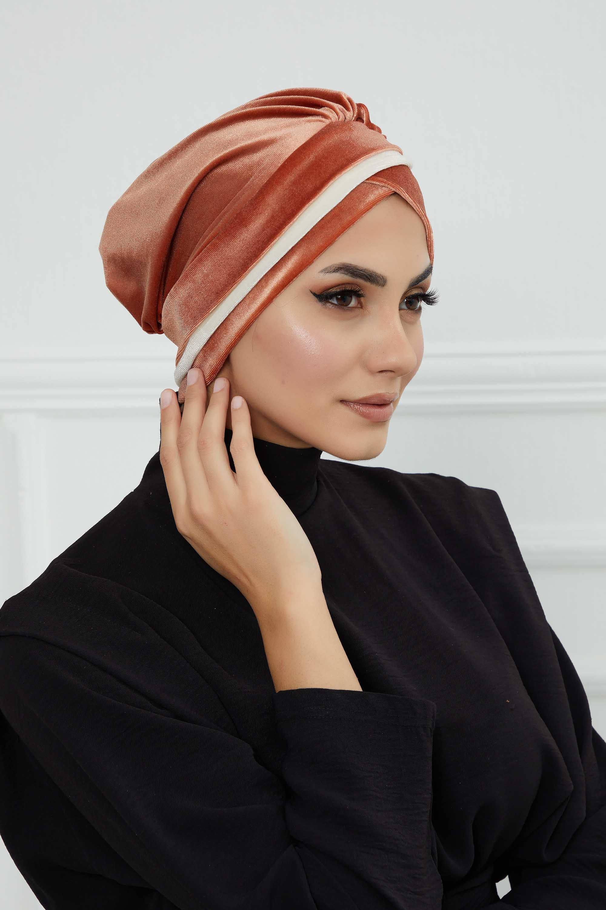 Velvet Two Colors Instant Turban Hijab for Women, Super Soft and Stylish Head Cover, Easy to Wear Velvet Chemo Headwear for Women,B-23K Salmon-Ivory