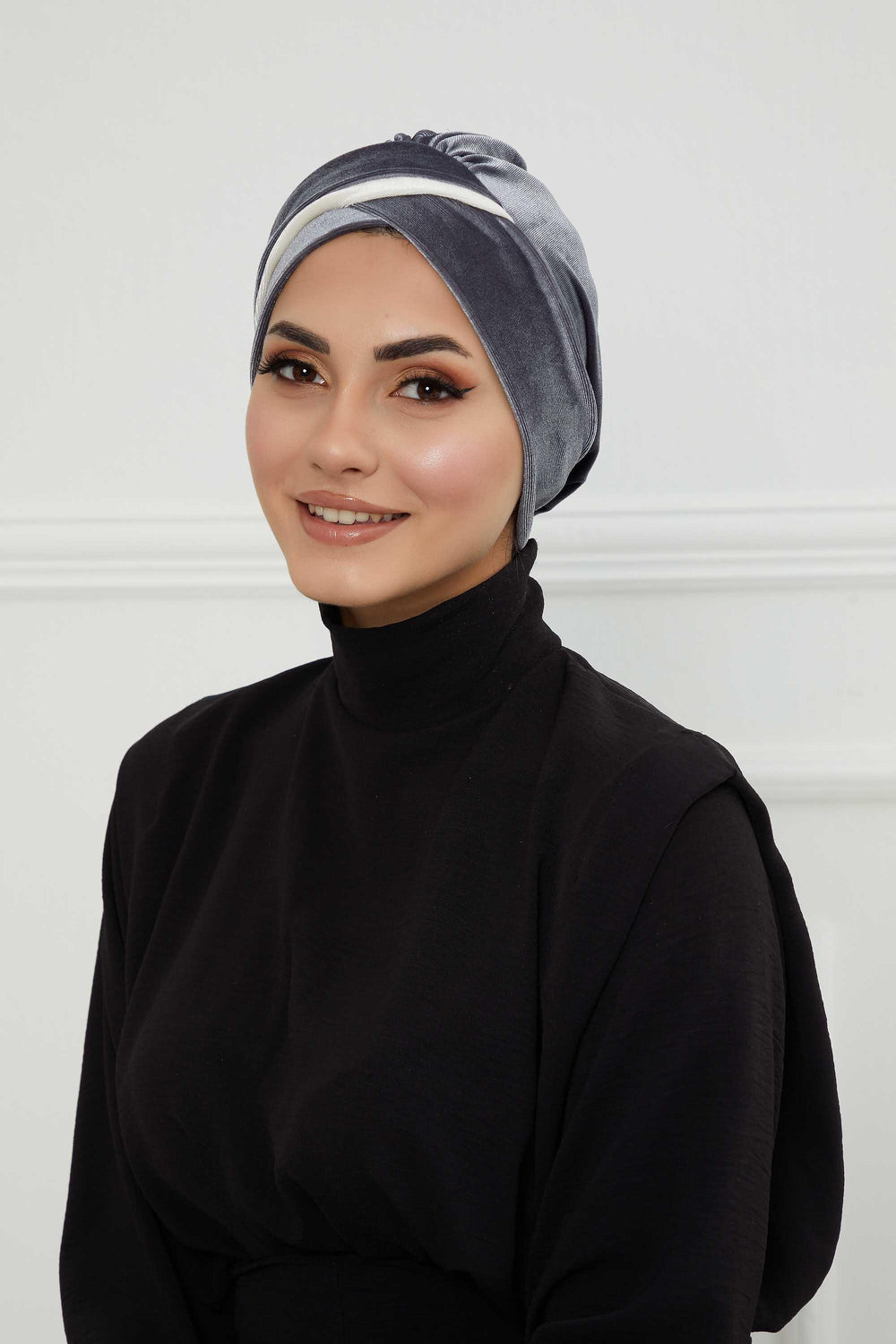 Velvet Two Colors Instant Turban Hijab for Women, Super Soft and Stylish Head Cover, Easy to Wear Velvet Chemo Headwear for Women,B-23K Grey-Ivory