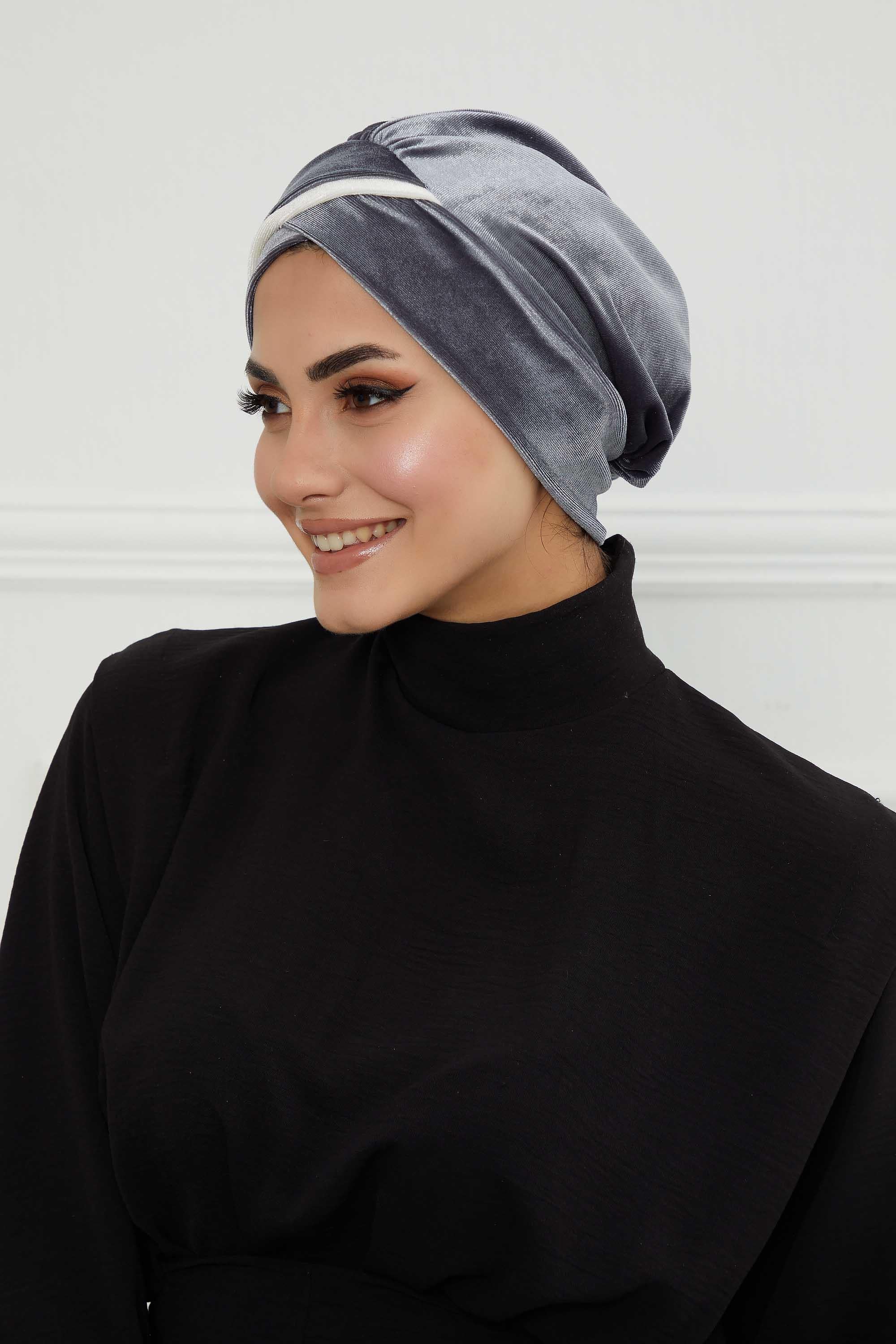 Velvet Two Colors Instant Turban Hijab for Women, Super Soft and Stylish Head Cover, Easy to Wear Velvet Chemo Headwear for Women,B-23K Grey-Ivory
