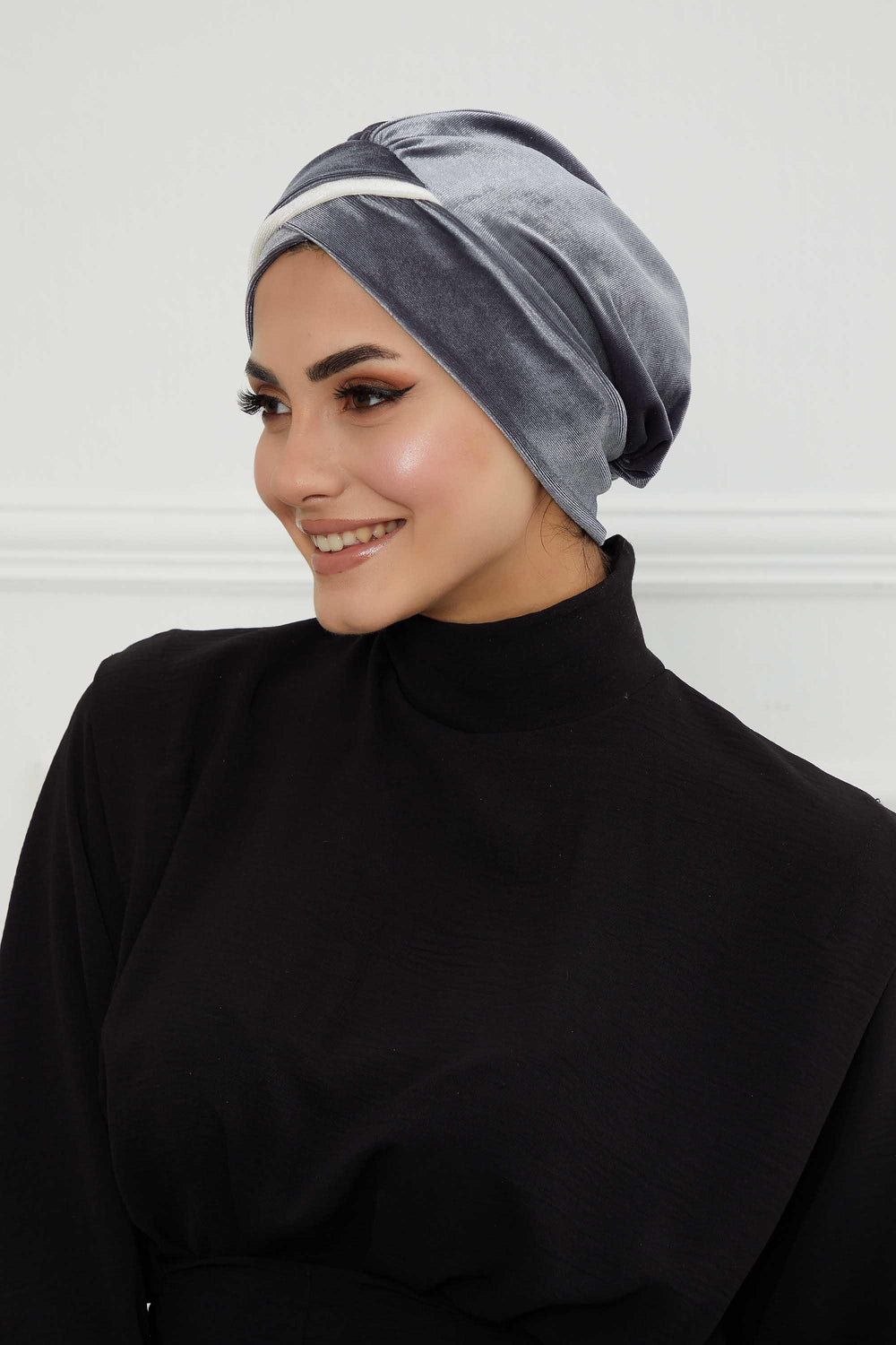 Velvet Two Colors Instant Turban Hijab for Women, Super Soft and Stylish Head Cover, Easy to Wear Velvet Chemo Headwear for Women,B-23K Grey-Ivory