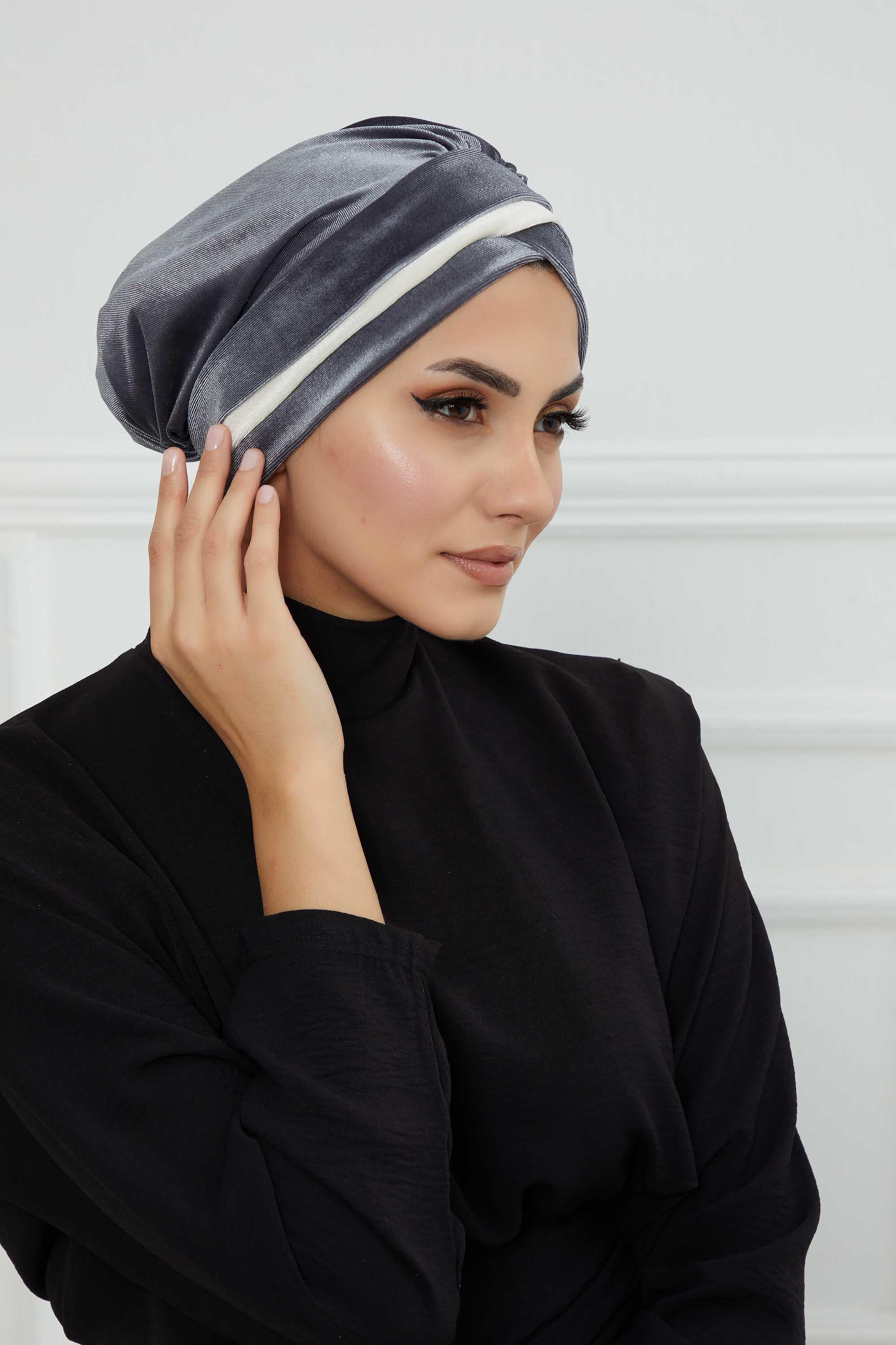 Velvet Two Colors Instant Turban Hijab for Women, Super Soft and Stylish Head Cover, Easy to Wear Velvet Chemo Headwear for Women,B-23K Grey-Ivory