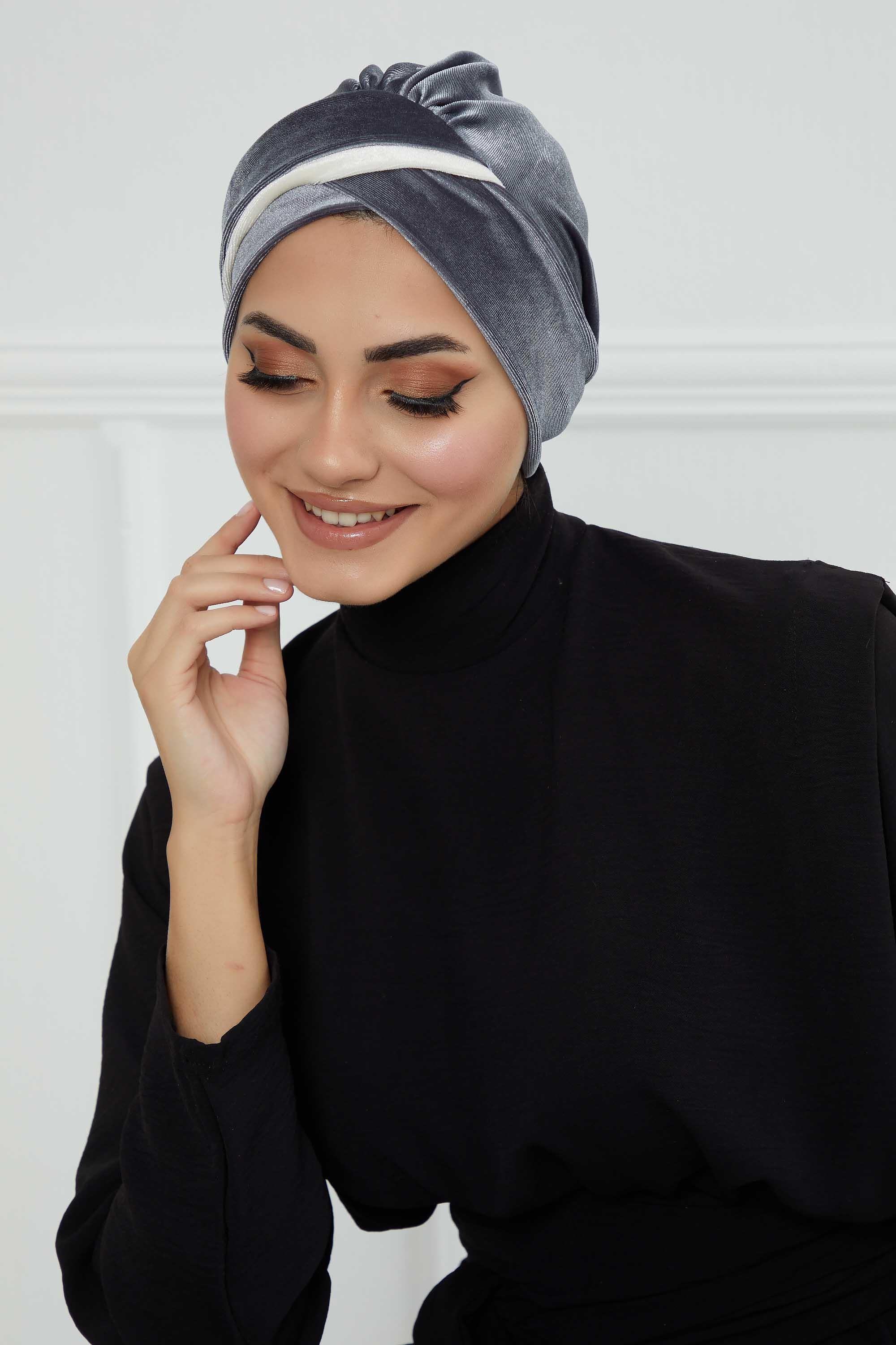 Velvet Two Colors Instant Turban Hijab for Women, Super Soft and Stylish Head Cover, Easy to Wear Velvet Chemo Headwear for Women,B-23K Grey-Ivory