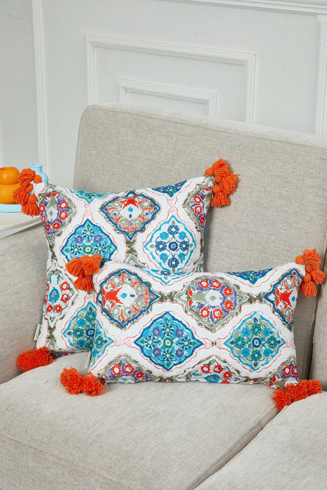 Vibrant Geometric Medallion Pillow Cover with Orange Tassels, Artistic Boho Cushion Case for Trendy Homes, 18x18 Printed Pillow Cover,K-367
