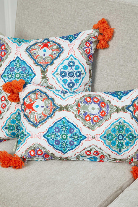 Vibrant Geometric Medallion Pillow Cover with Orange Tassels, Artistic Boho Cushion Case for Trendy Homes, 18x18 Printed Pillow Cover,K-367