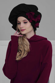 Fleece Floral Applique Instant Turban for a Classy Look, Moldable Modern Instant Turban Hijab for Women, Instant Turban with Flowers,B-63 Black