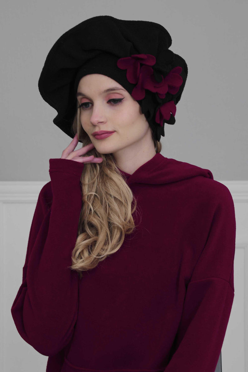 Fleece Floral Applique Instant Turban for a Classy Look, Moldable Modern Instant Turban Hijab for Women, Instant Turban with Flowers,B-63 Black