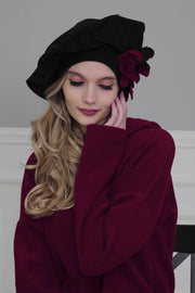 Fleece Floral Applique Instant Turban for a Classy Look, Moldable Modern Instant Turban Hijab for Women, Instant Turban with Flowers,B-63 Black