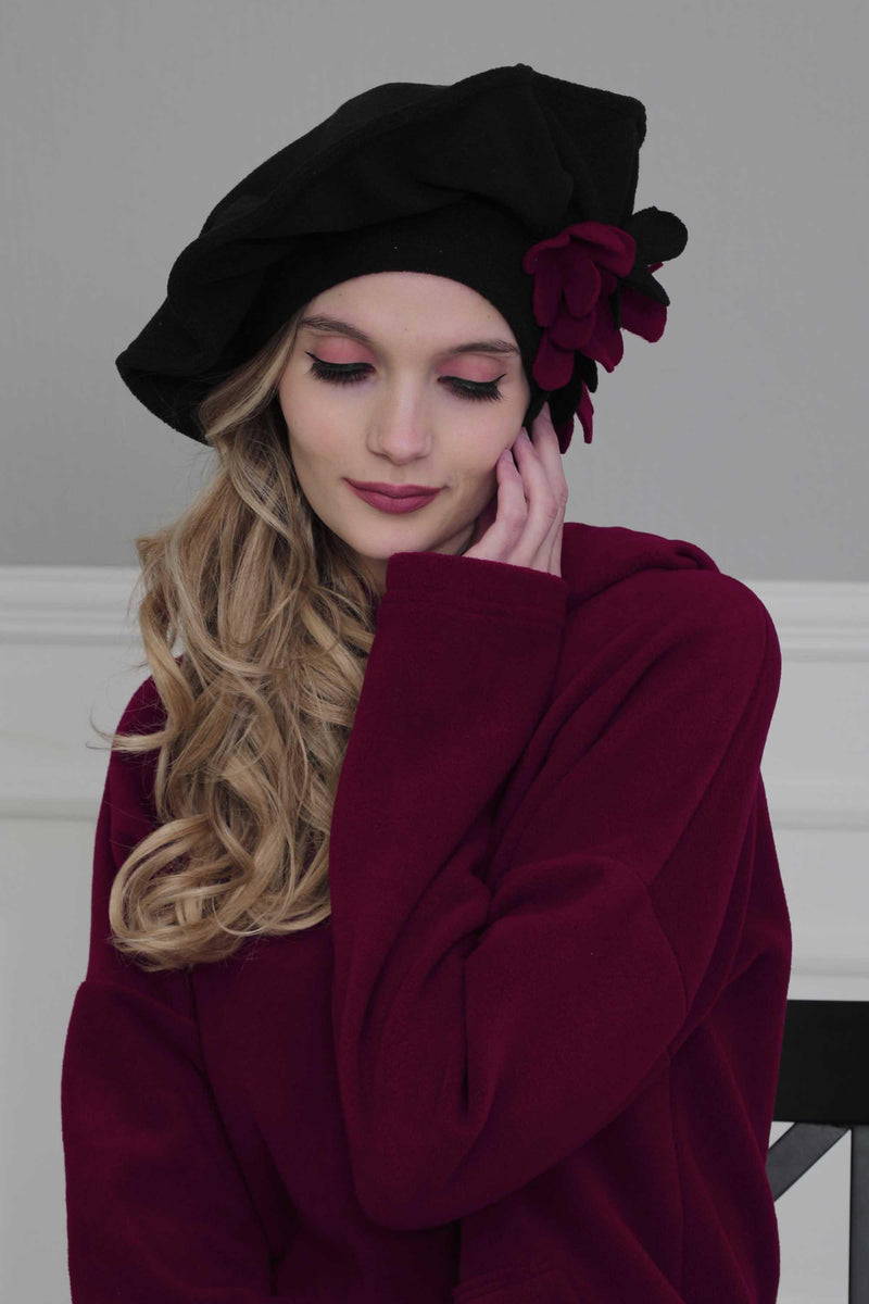Fleece Floral Applique Instant Turban for a Classy Look, Moldable Modern Instant Turban Hijab for Women, Instant Turban with Flowers,B-63 Black