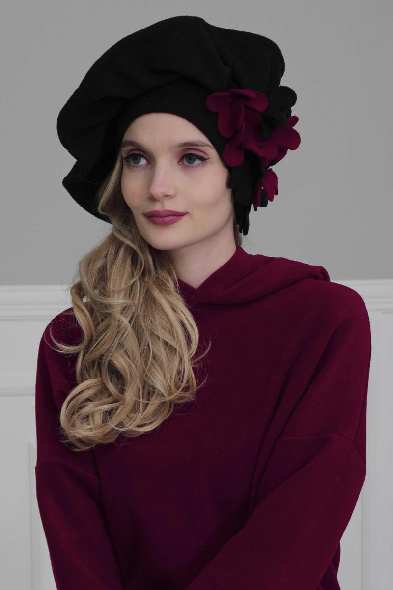 Fleece Floral Applique Instant Turban for a Classy Look, Moldable Modern Instant Turban Hijab for Women, Instant Turban with Flowers,B-63 Black