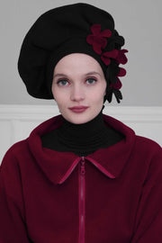 Fleece Floral Applique Instant Turban for a Classy Look, Moldable Modern Instant Turban Hijab for Women, Instant Turban with Flowers,B-63 Black