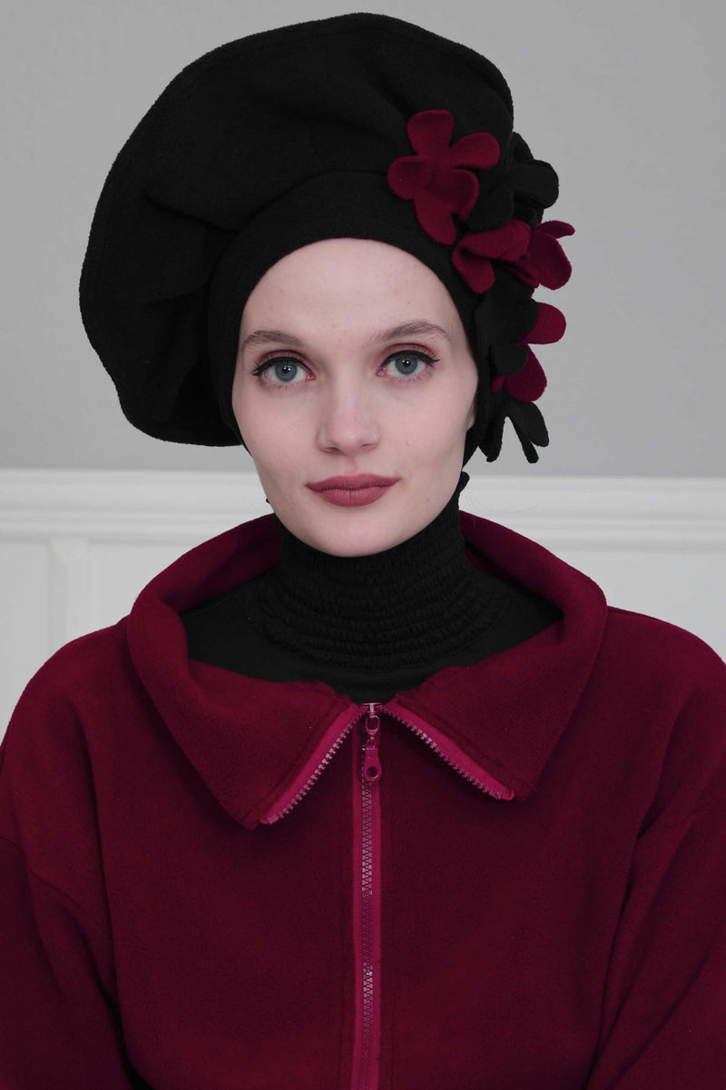 Fleece Floral Applique Instant Turban for a Classy Look, Moldable Modern Instant Turban Hijab for Women, Instant Turban with Flowers,B-63 Black