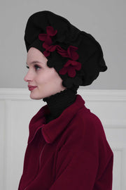 Fleece Floral Applique Instant Turban for a Classy Look, Moldable Modern Instant Turban Hijab for Women, Instant Turban with Flowers,B-63 Black