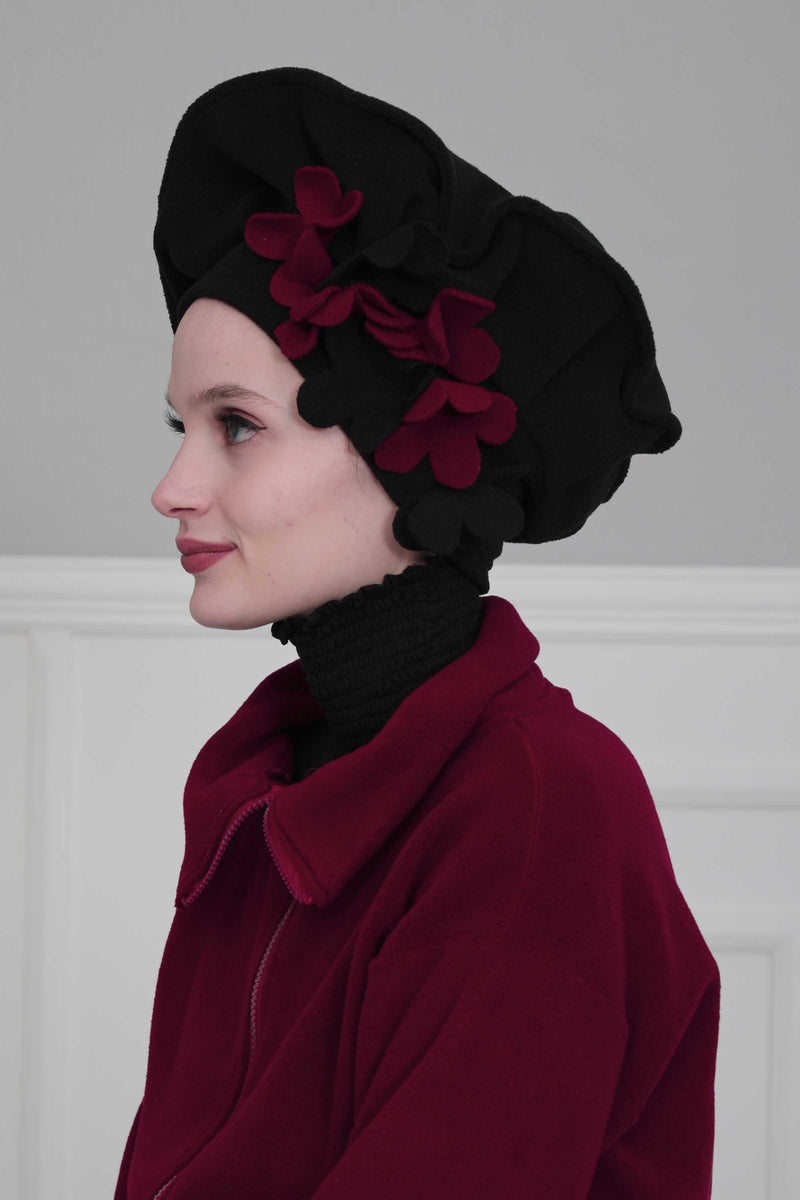 Fleece Floral Applique Instant Turban for a Classy Look, Moldable Modern Instant Turban Hijab for Women, Instant Turban with Flowers,B-63 Black