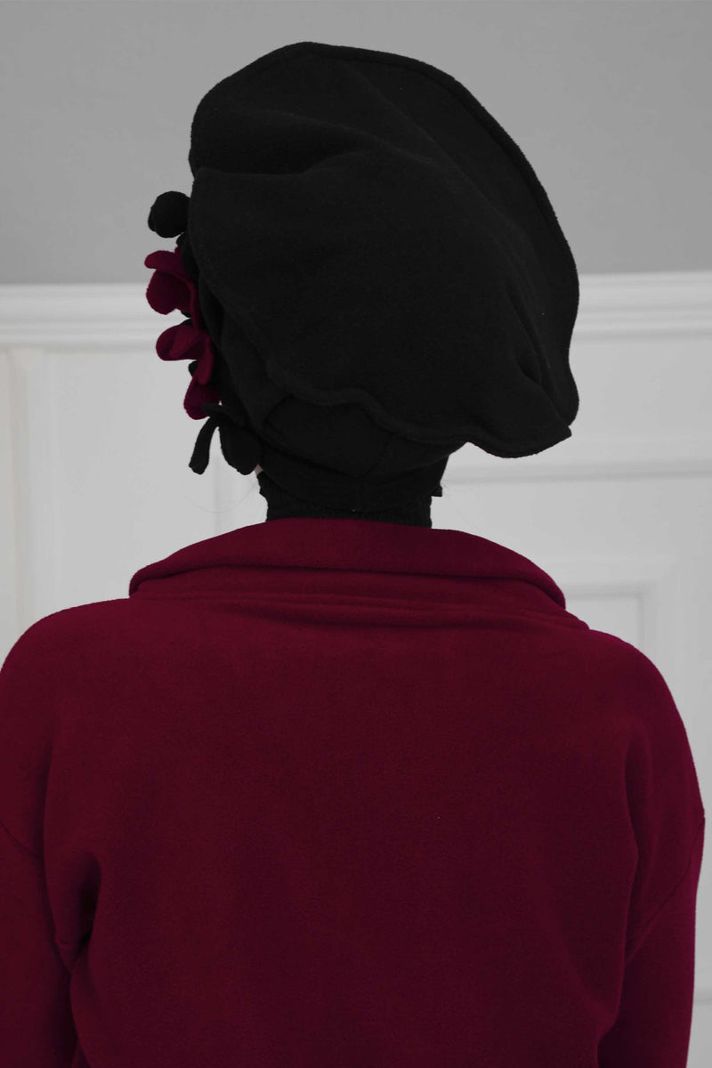 Fleece Floral Applique Instant Turban for a Classy Look, Moldable Modern Instant Turban Hijab for Women, Instant Turban with Flowers,B-63 Black