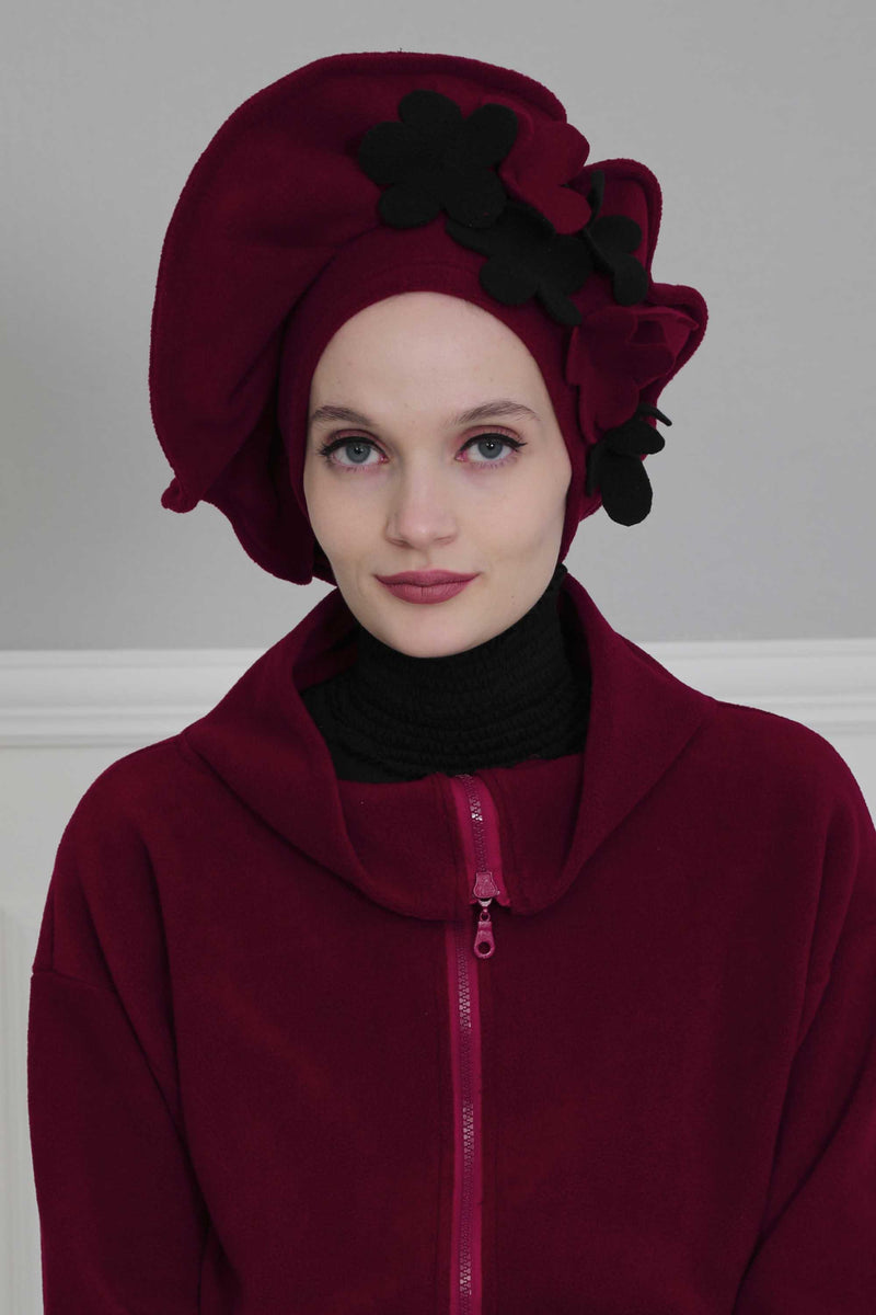 Fleece Floral Applique Instant Turban for a Classy Look, Moldable Modern Instant Turban Hijab for Women, Instant Turban with Flowers,B-63 Maroon