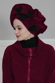 Fleece Floral Applique Instant Turban for a Classy Look, Moldable Modern Instant Turban Hijab for Women, Instant Turban with Flowers,B-63 Maroon