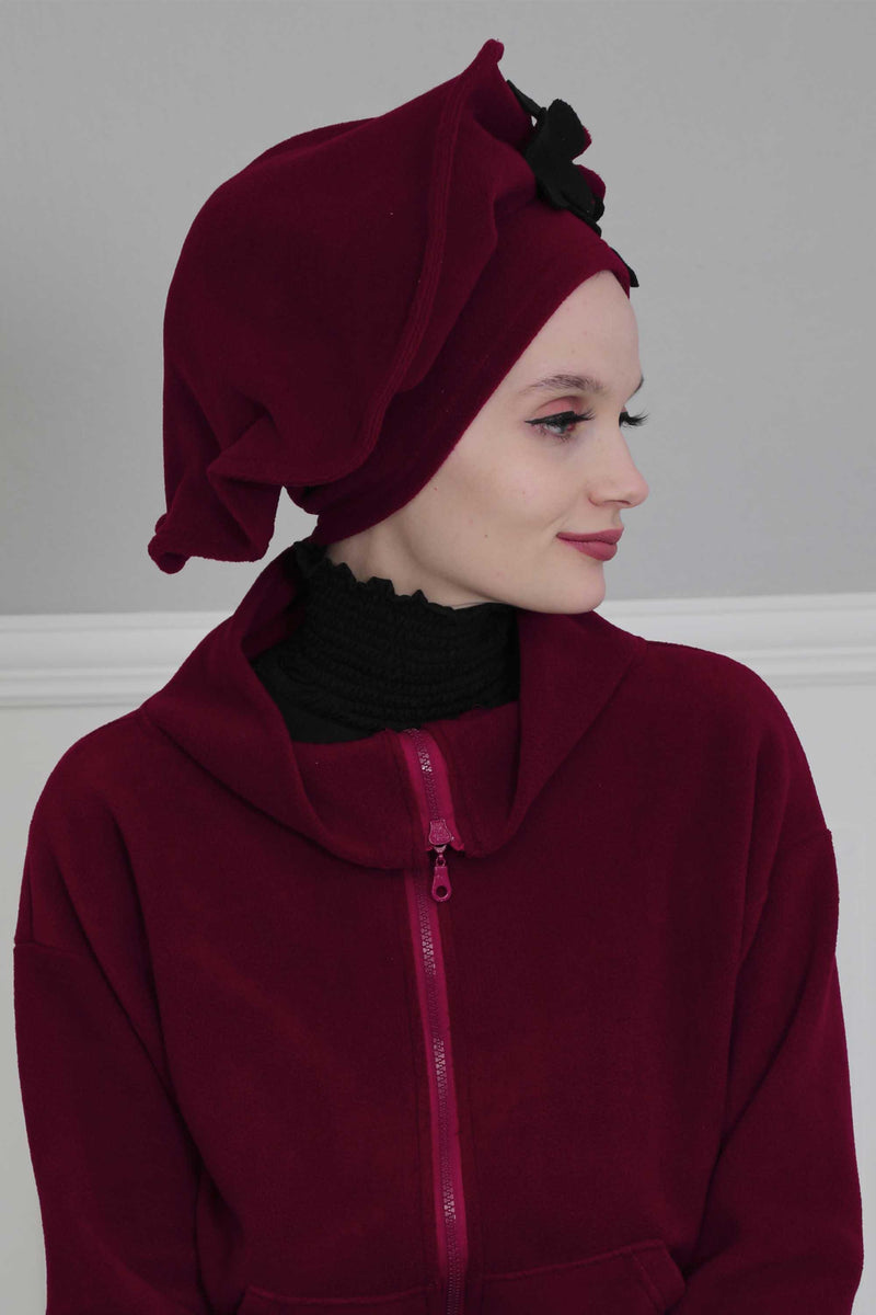 Fleece Floral Applique Instant Turban for a Classy Look, Moldable Modern Instant Turban Hijab for Women, Instant Turban with Flowers,B-63 Maroon
