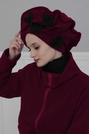 Fleece Floral Applique Instant Turban for a Classy Look, Moldable Modern Instant Turban Hijab for Women, Instant Turban with Flowers,B-63 Maroon