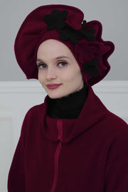 Fleece Floral Applique Instant Turban for a Classy Look, Moldable Modern Instant Turban Hijab for Women, Instant Turban with Flowers,B-63 Maroon