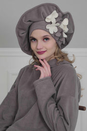 Fleece Floral Applique Instant Turban for a Classy Look, Moldable Modern Instant Turban Hijab for Women, Instant Turban with Flowers,B-63 Grey