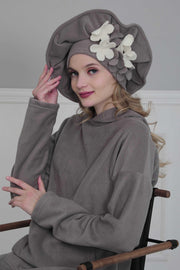 Fleece Floral Applique Instant Turban for a Classy Look, Moldable Modern Instant Turban Hijab for Women, Instant Turban with Flowers,B-63 Grey