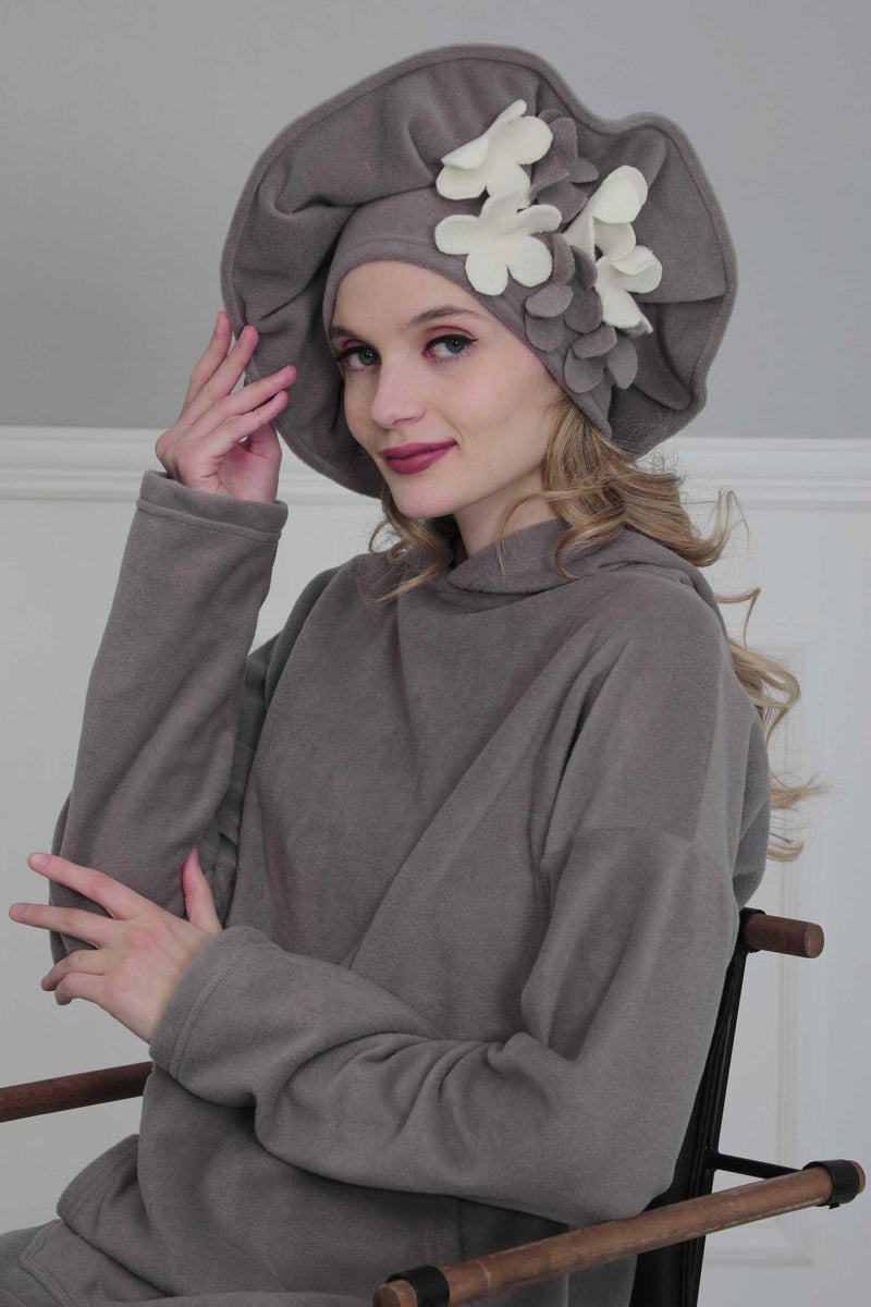 Fleece Floral Applique Instant Turban for a Classy Look, Moldable Modern Instant Turban Hijab for Women, Instant Turban with Flowers,B-63 Grey